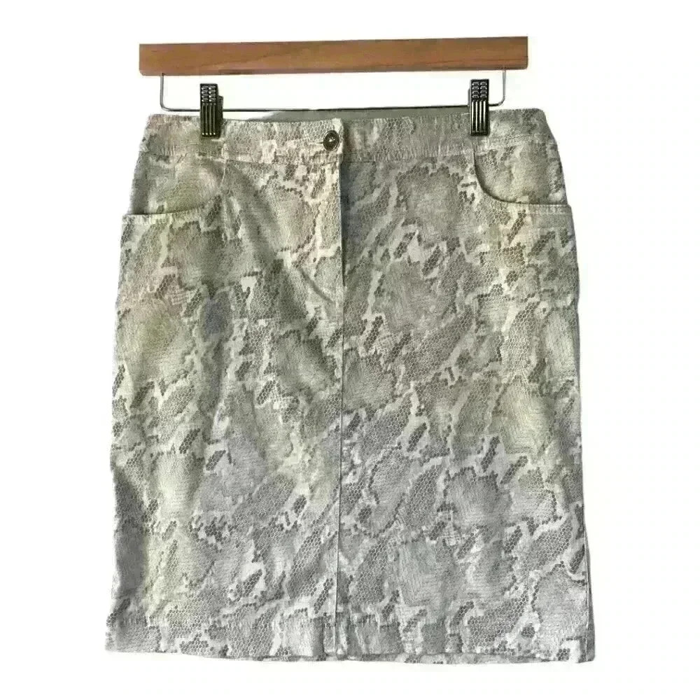 Chico's Women's White Gray Reptile Snakeskin‎ Zip Front Cotton Skirt Size 0/XXS